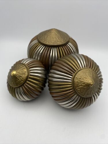 Vintage Midcentury Brass, Copper & Chrome Lidded Trinket Containers Set Of 3 - Picture 10 of 12