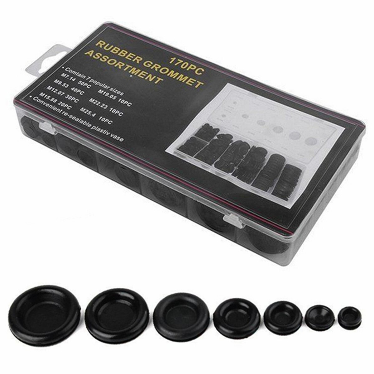 170Pcs Car Rubber Grommet Firewall Wire Gasket Solid Hole Plug Assortment Set