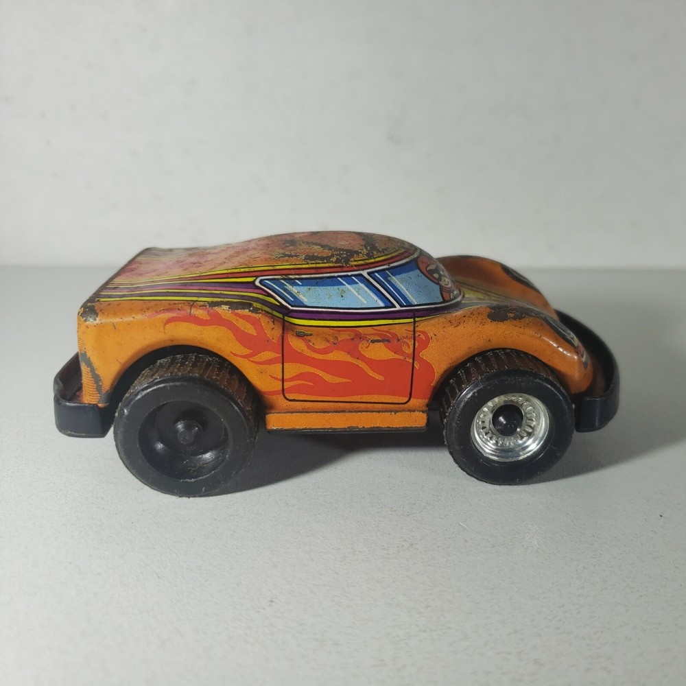 Vintage Porsche Tin Toy Friction Race Car Orange W/ Flames