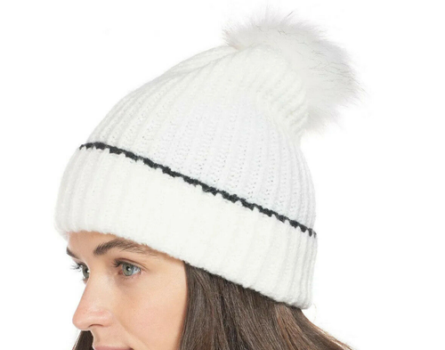 Style \u0026 Co Ribbed Beanie One Size Women's Ivory Faux Fur Pom Warm Winter Hat