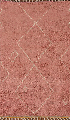 Pink/ Ivory Wool Plush Moroccan Rug 3x5 Handmade Carpet