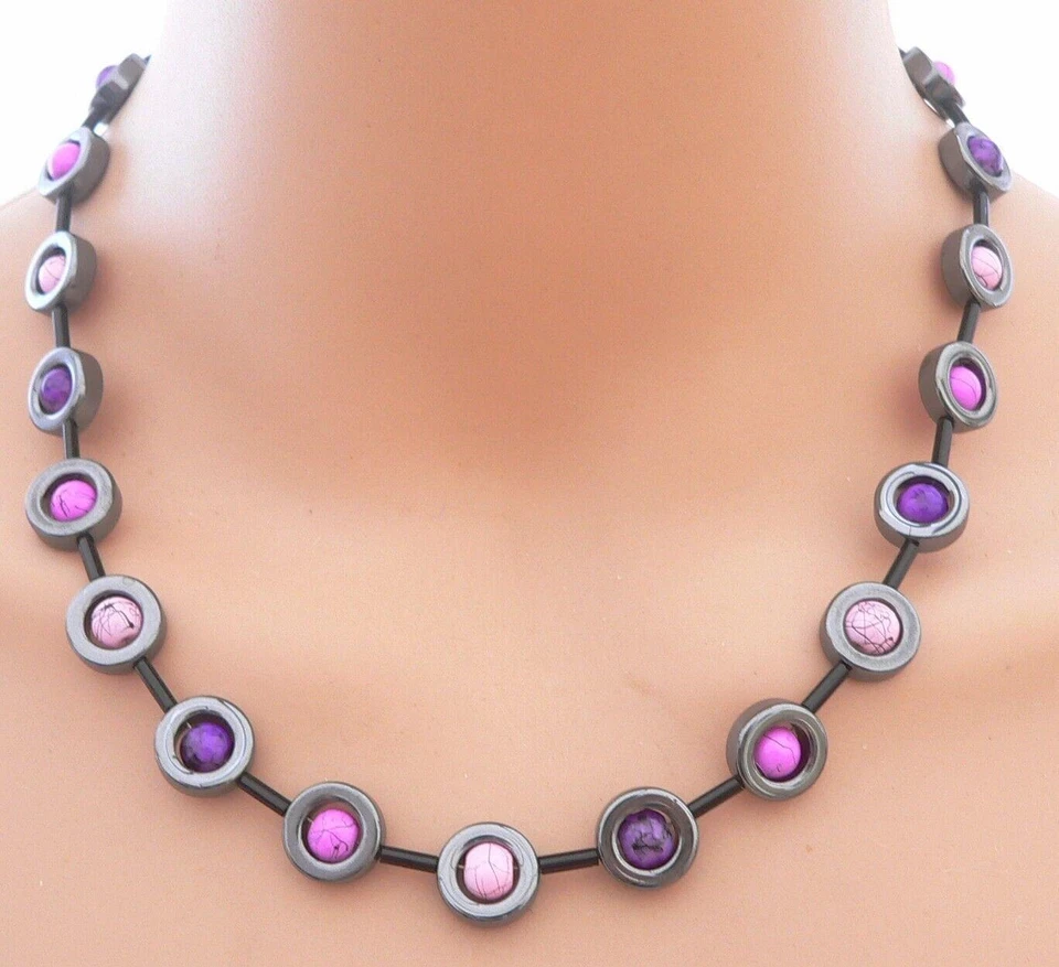 Halskette Hämatit Donut schwarz Perlen lila flieder rosa 353i - Bild 2 von 4