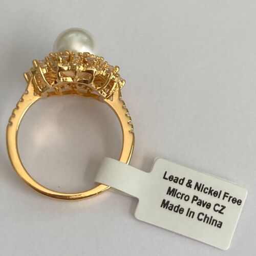 Art Deco Cubic Zirconia Pearl Cocktail Ring 14 kt Yellow Gold Plated Size 9 Faux - Picture 12 of 16
