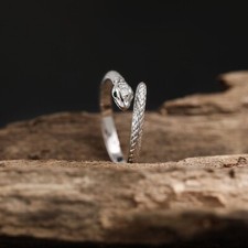 925 Sterling Silver Coiled Snake Serpent Ring Green CZ Eyes Adjustable Unique