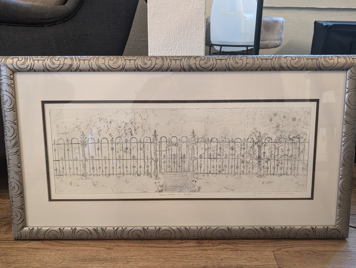 JOANNE ISAAC FRAMED ART VOGEL FENCE IN BINGEN SIGNED ETCHING