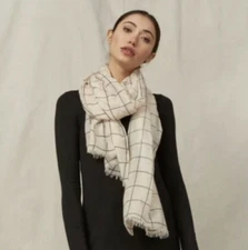 Rachel Pally New Cream Scarf With Black Grid Lightweight Wrap 30 x 70 