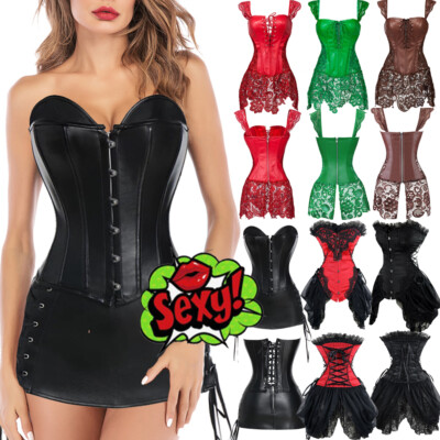 Women Sexy Faux Leather Corset Top Gothic Steampunk Lace Up Bustier Party Dress
