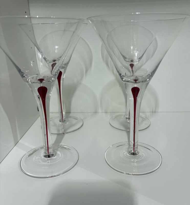 Pier 1 Martini Cocktail Glasses 2 Red Drip in Clear Stem Hand Blown 7" 