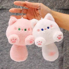 Plush Cat Key Chain Pink White Cute Animal Cartoon Women One Size