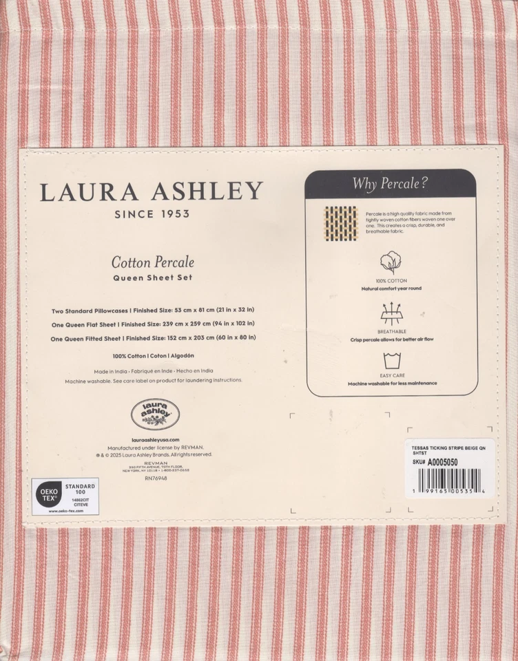 Laura Ashley Queen Sheet Set Tessas Ticking Stripe Beige 4pc Cottage Farmhouse - Image 2 of 4