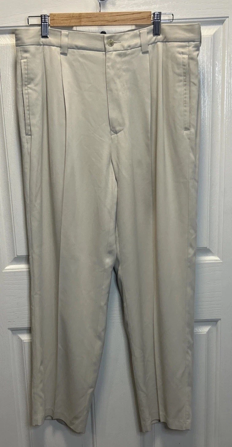 Tommy Bahama Men's 100% Silk Pleated Pants Khaki Beige 33x30 Resort Wear Luxury