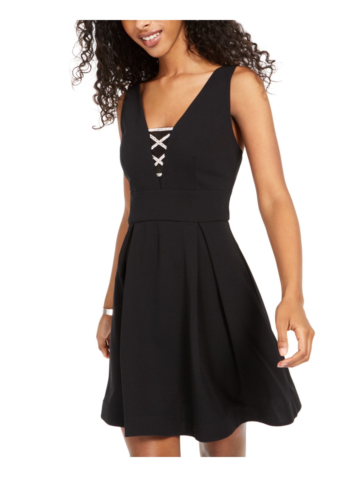 TEEZE ME Womens Fit + Flare Above The Knee Dress Black Sleeveless Juniors 1\2