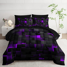 Geometric Violet Black Queen Comforter Set - Lightweight All Season Bedding