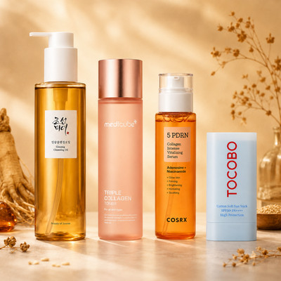 K-Beauty Anti-Aging Set Kollagen PDRN Ginseng SPF50+ Reife Haut 35+ Glow 4-tlg.