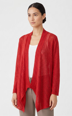 Eileen Fisher Sz M Orange Red Linen Cotton Slub Knit Cardigan Sweater Open Front