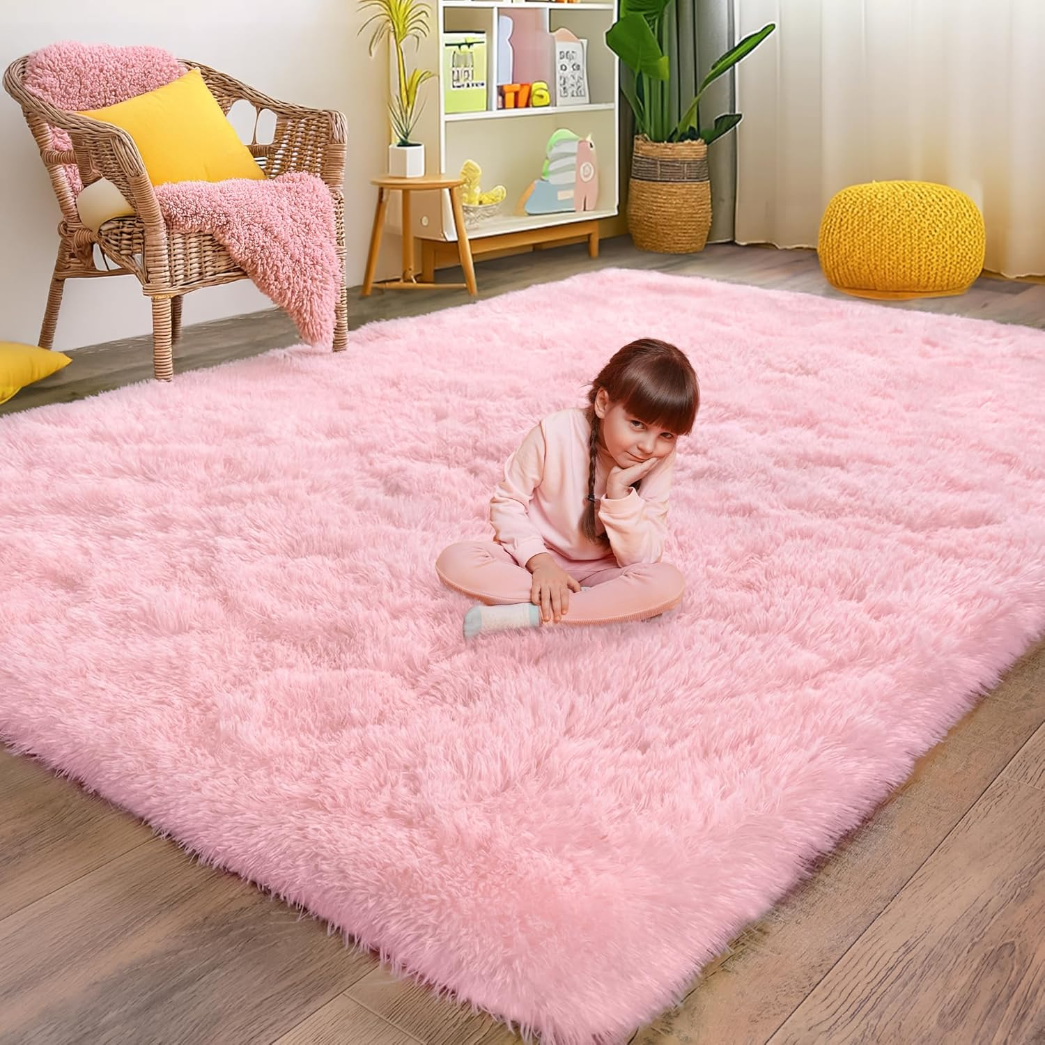 Fluffy Pink Area Rug for Bedroom Girls, 5X7 Soft Fuzzy Plush Shag Rug for Living