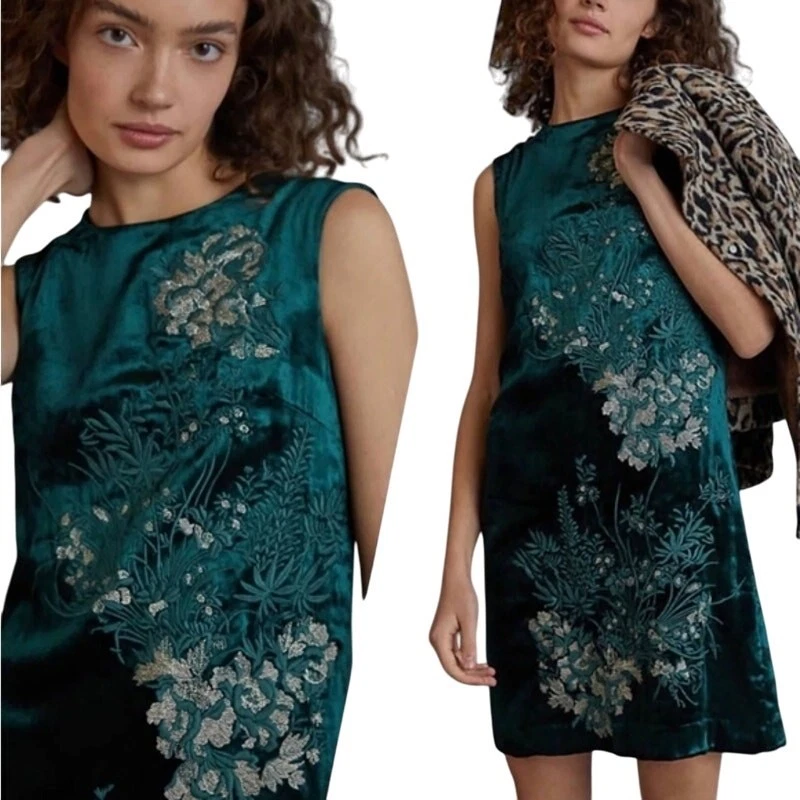 NUOVO abito Anthropologie verde celine ricamato velluto floreale tubino taglia 10 $198
