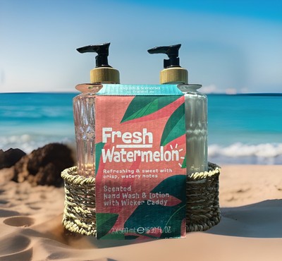 3 PCS.~ FRESH WATERMELON   HAND WASH, LOTION & WICKER CADDY ASQUITH & SOMERSET