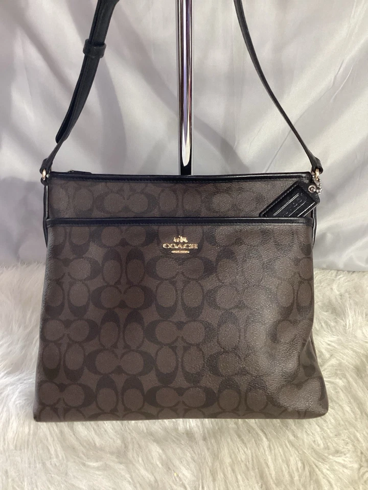 Coach Signature Zip File Crossbody Bag Brown Canvas Black Leather F58297 (7) - Image 2 of 4