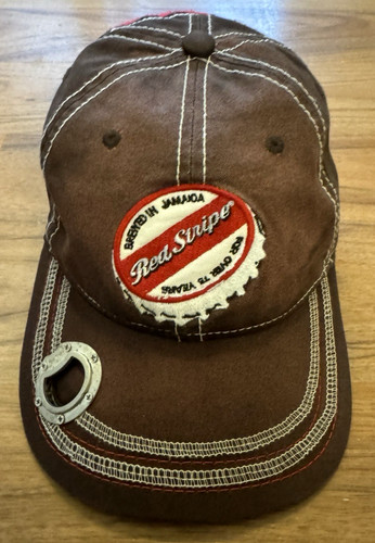 Vintage Red Stripe Beer Hat with Built-In Bottle Opener Distressed Alcohol Cap
