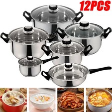 12PCS Induction Non Stick Stainless Steel Cookware Cooking Pot Pan With Lids Set