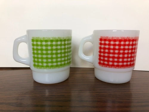 Lot 2 Anchor Hocking Fire King Green Red Gingham Plaid Stackable Coffee Mugs