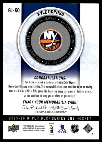 2015-16 Upper Deck Game Jerseys Series I Kyle Okposo New York Islanders #GJ-KO - Picture 2 of 2