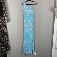 New! Ieena Mac Duggal Draped Back Light Ice Blue Sequin Gown Size 4 11127