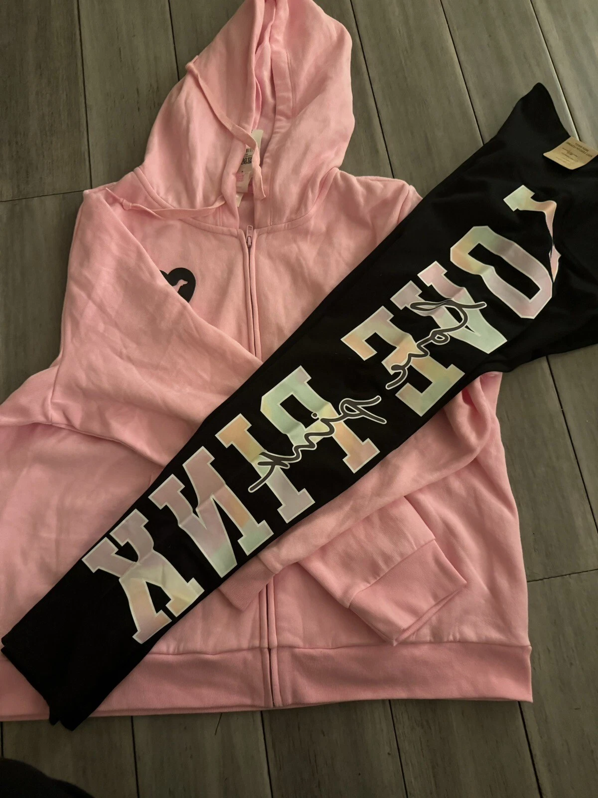 UNDERCOVER FELPA CON CAPPUCCIO E CERNIERA ROSA Victoria Secret Originals + set leggings XL ❤❤❤️