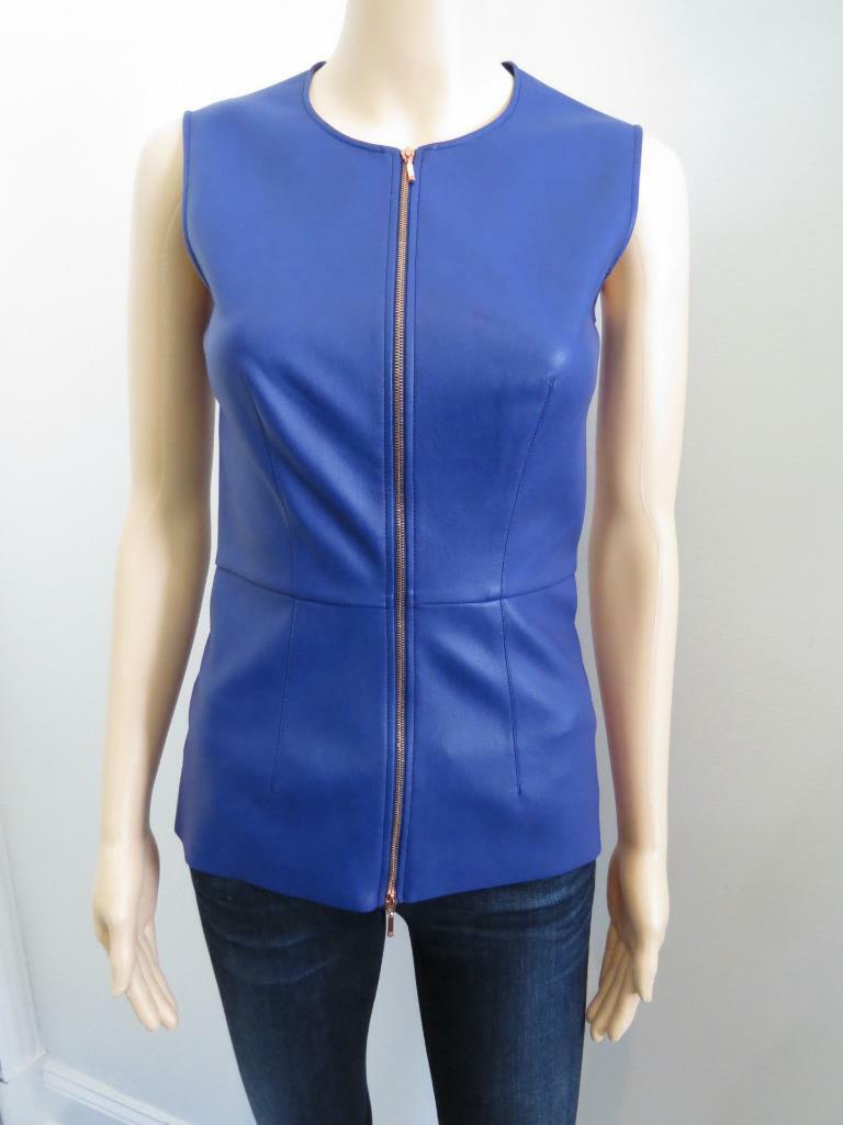 Cedric Charlier Blue Faux Leather/Front Zipper Sleeveless Peplum 