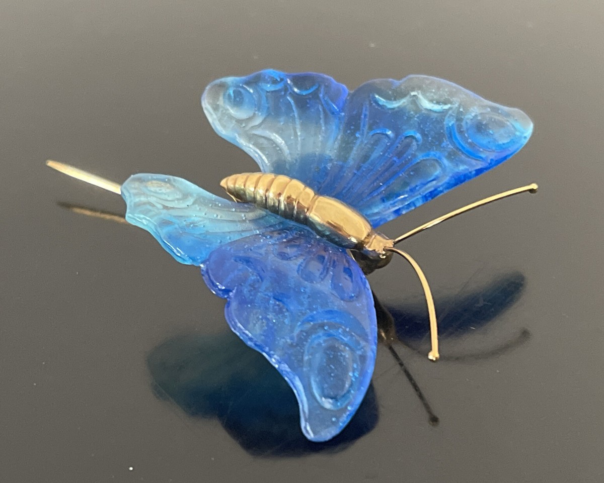 Signed Daum France Blue Butterfly Figurine Pate De Verre Pin