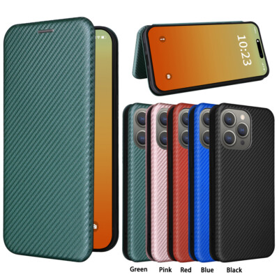 Carbon Fiber Magnetic Leather Flip Wallet Case For iPhone 17 Pro Max 16 15 12 7