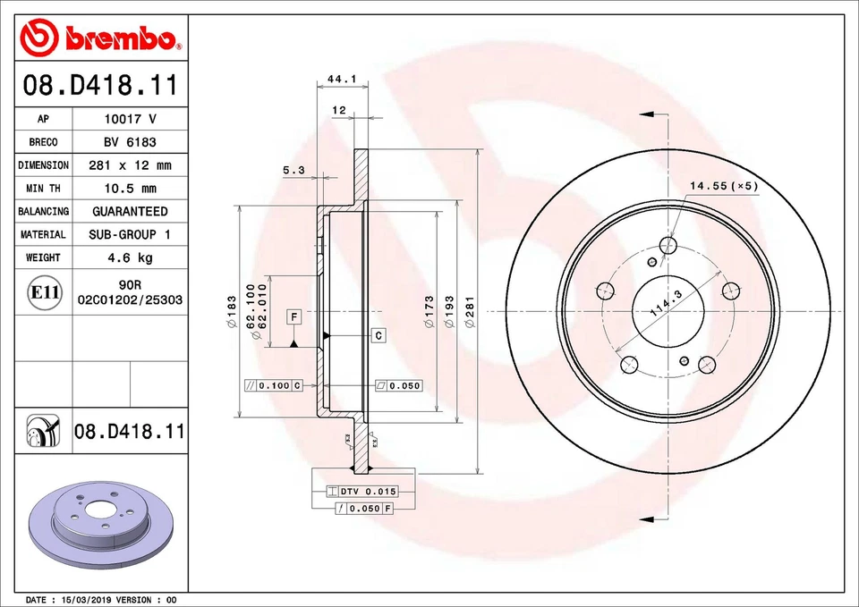 Brembo 08.D418.11 281mm Rear Disc Brake Rotor for 2021-2022 Lexus ES250 - Image 2 of 3