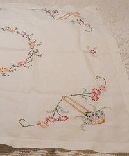 Embroidered Flower Basket Design Linen Tablecloth 39x39 Bridal Luncheons Teas