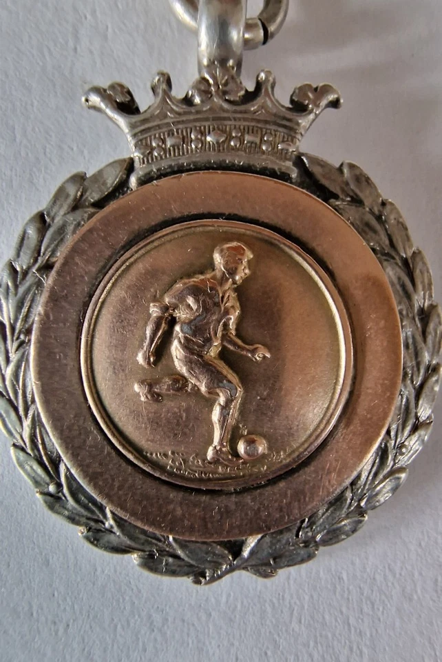 Antiguo Reloj Bolsillo Albert Plata Cuello Cadena Fútbol Fútbol Medalla Oro Rosa Foto 2 de 3