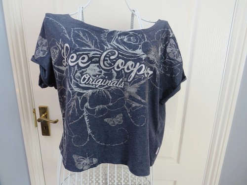 Lee Cooper 90s Vintage T Shirt Size 18 Blue Butterfly Floral Logo Crop Glitter - Picture 3 of 7