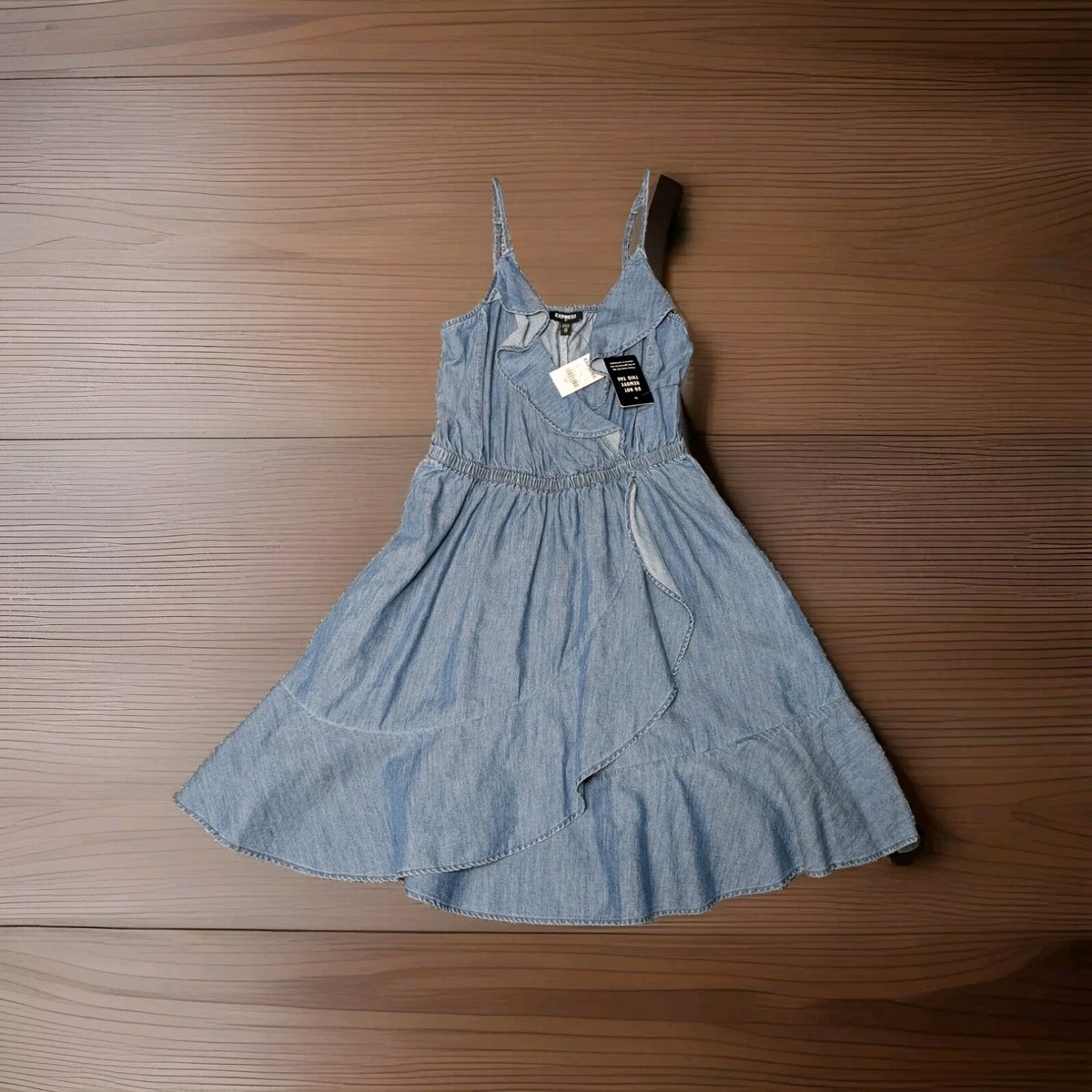 New Express Denim Mini Dress Light Stone Wash Size XS Ruffle V-neck Wrap  Style