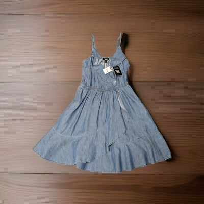 New Express Denim Mini Dress Light Stone Wash Size XS Ruffle V