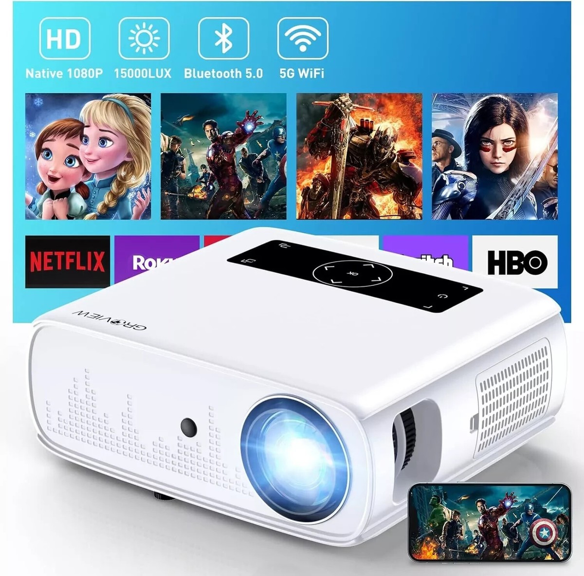 GROVIEW - 4k Projector - 15000lux - JQ818C Native 1080P - WiFi - Bluetooth New GROVIEW - 4k Projector - 15000lux - JQ818C Native 1080P - WiFi - Bluetooth New