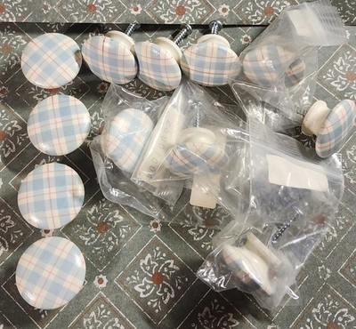 12 White Blue And Red Plaid Wood Drawer Cabinet Pulls Knobs