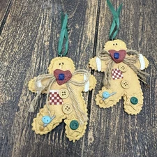 (2) VTG Gingerbread Ornaments Rustic Country Primitive Christmas Buttons Heart