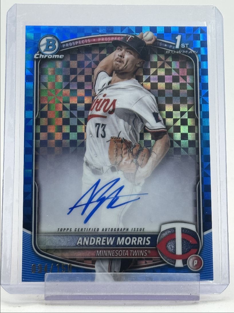 ANDREW MORRIS 2025 BOWMAN CHROME 1ST BLUE X-FRACTOR TWINS AUTO /150 Q2491
