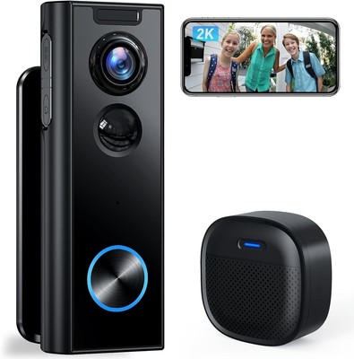 Doorbell Camera Wireless No Subscription, 2K Video Doorbell with Chime, 2-way Au