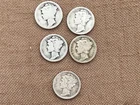 LOT OF 5 1917 MERCURY 10 CENT DIME COINS 90 PERCENT SILVER FREE SHIPPING