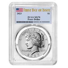 2023 $1 Peace Silver Dollar PCGS MS70 FDOI Flag Label