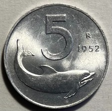 Italy 5 Lire 1952 - Dolphin & Ship Rudder