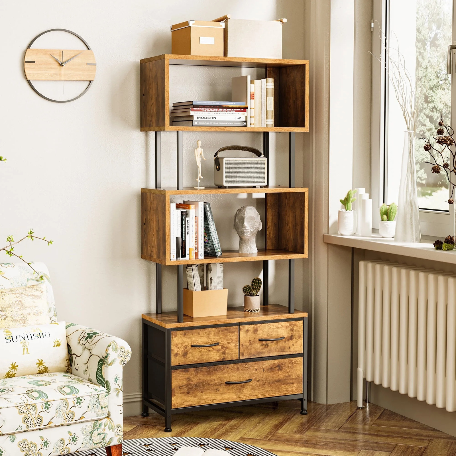 📚 5-Tier Bookshelf with 3 Drawers – Industrial Wood & Metal Storage Shelf