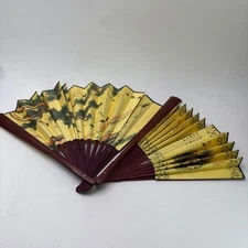 Set of 2 Vintage Chinese Folding Fans Yellow Calligraphy Wall Decor
