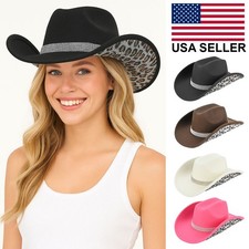 C.C Women's Cowgirl Cowboy Leopard Pattern Rhinestone Vegan Felt Cowboy Hat
