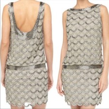 Adrianna Papell Gray Sequin Scalloped Boat Neck Short Formal Dress
